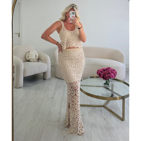 Beige crochet maxi skirt set