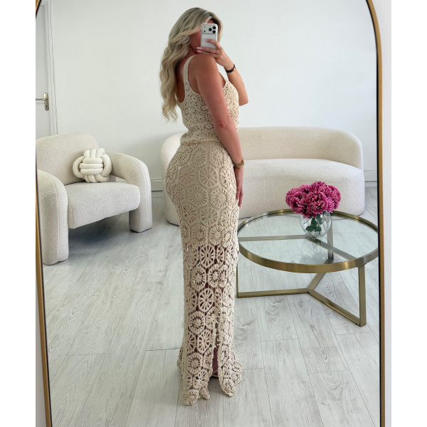 Beige crochet maxi skirt set