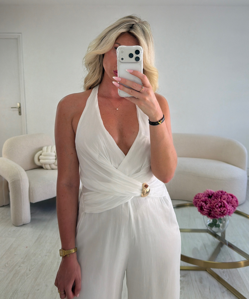 Shiny white flowing jumpsuit