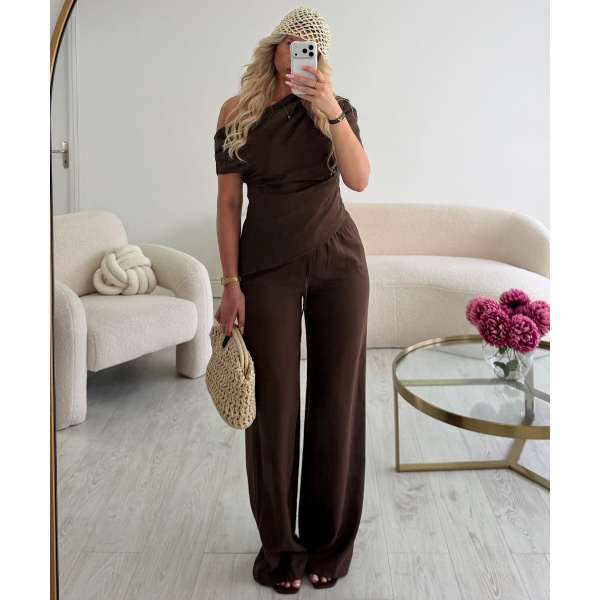 Brown linen top with asymmetrical draping