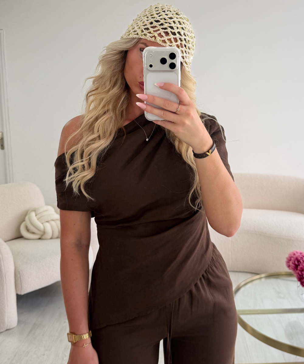 Top lin marron drapé asymétrique - DRESS DESIREE
