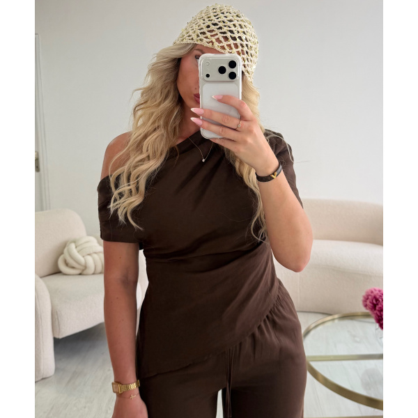 Brown linen top with asymmetrical draping