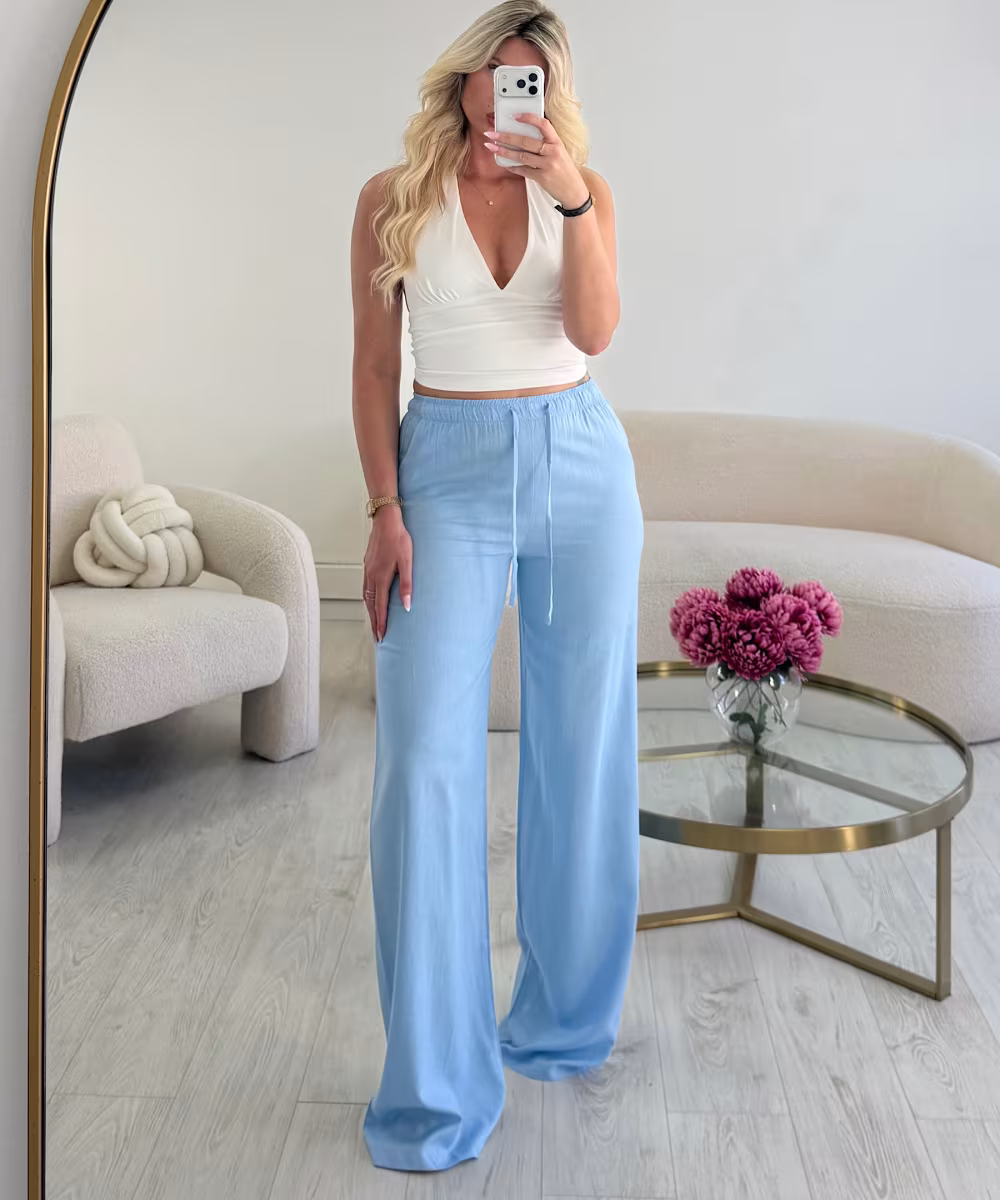 Pantalon lin extra extra long bleu - DRESS DESIREE