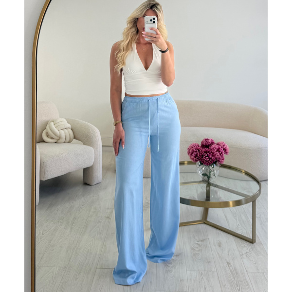 Pantalon lin extra extra long bleu - DRESS DESIREE