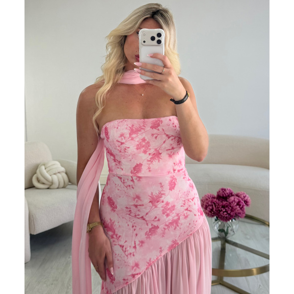 Robe longue col bustier tulle fleurs rose - DRESS DESIREE