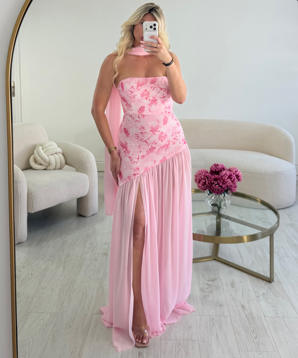Robe longue col bustier tulle fleurs rose - DRESS DESIREE
