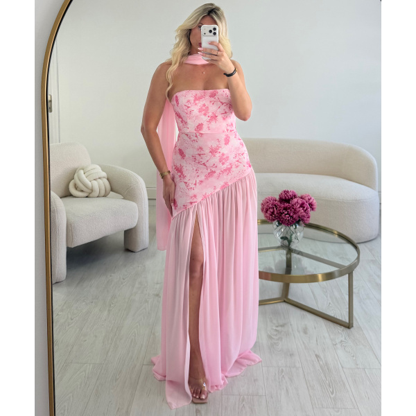 Long strapless pink flowers tulle dress - DRESS DESIREE