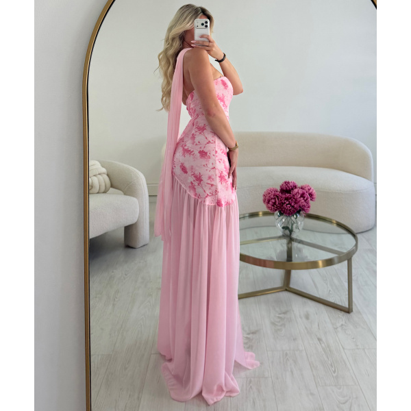 Robe longue col bustier tulle fleurs rose - DRESS DESIREE