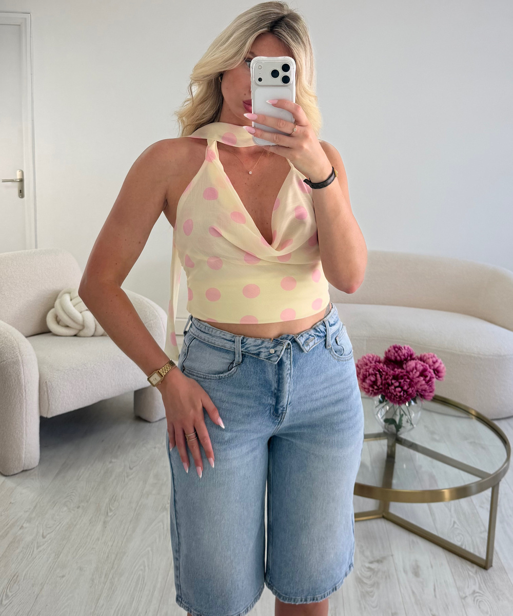 Top pois jaune / rose ras cou - DRESS DESIREE