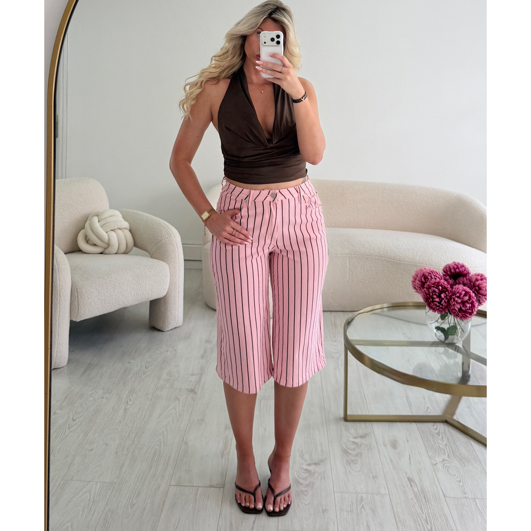 Chocolate and pink striped denim Bermuda shorts - DRESS DESIREE