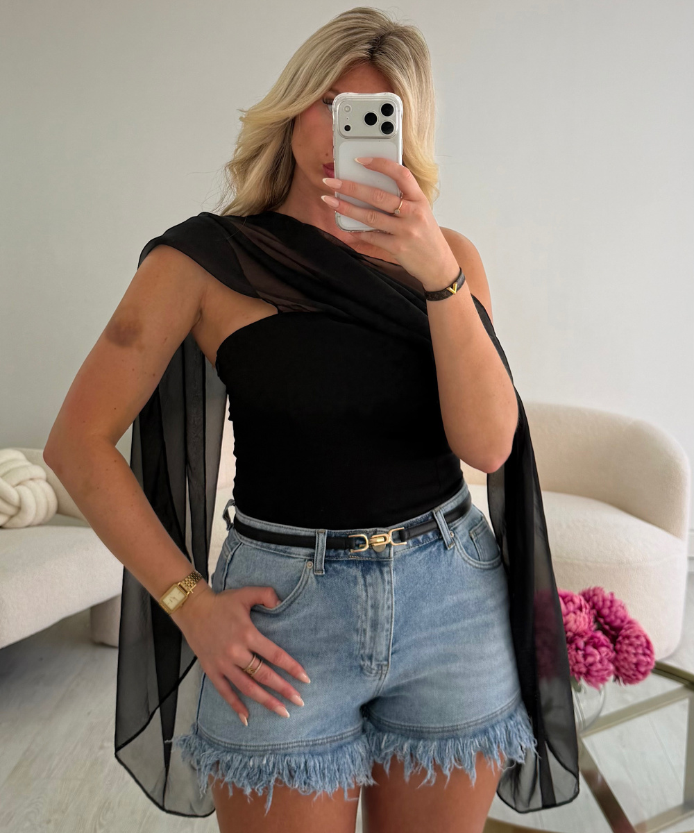 Light blue fringed denim shorts