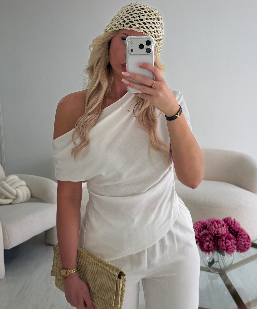 White linen top with asymmetrical draping