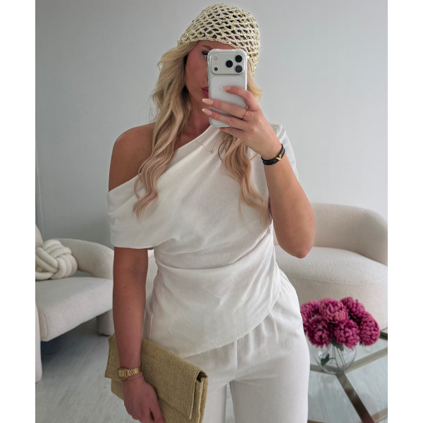 Top lin blanc drapé asymétrique - DRESS DESIREE