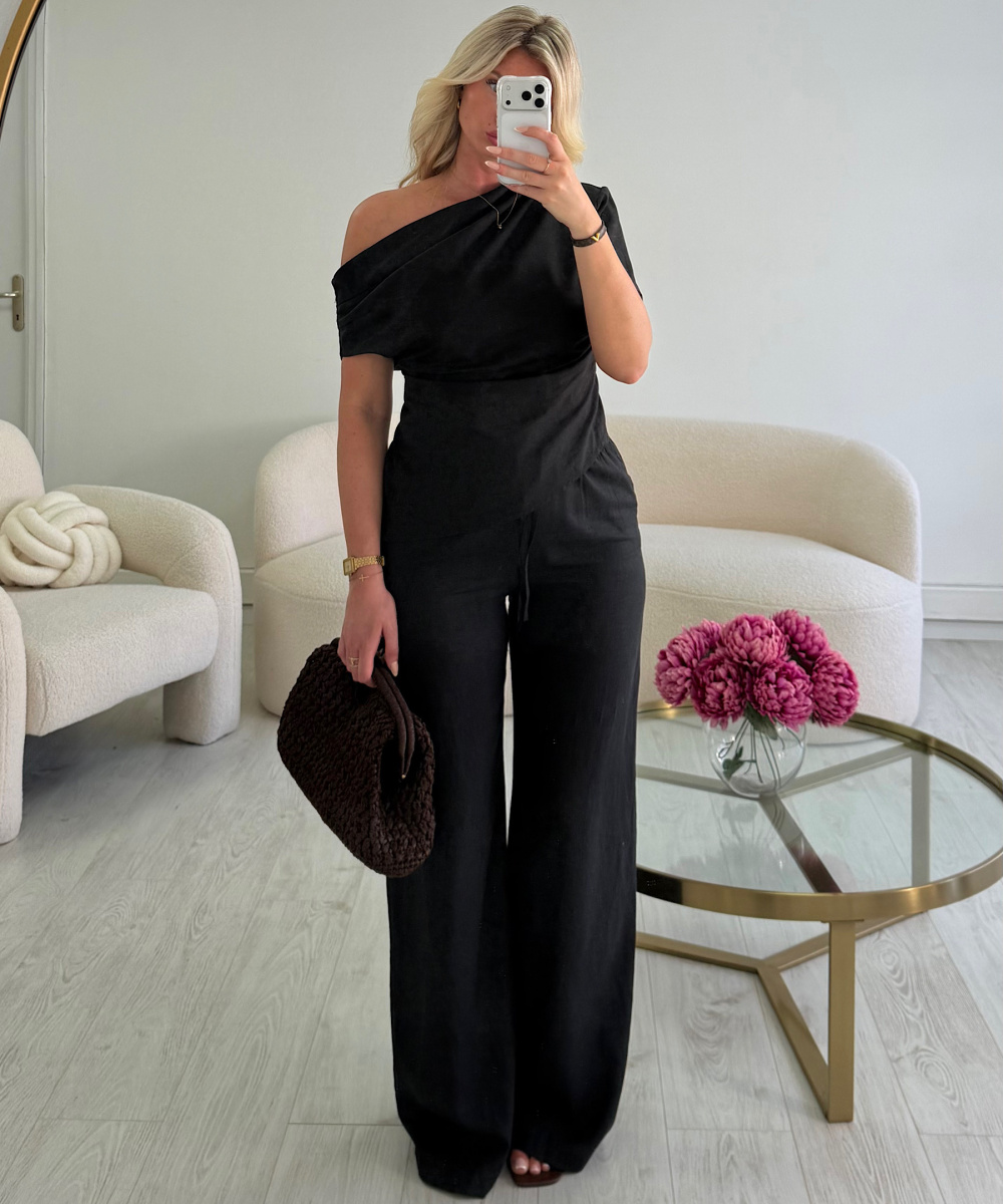 Top lin noir drapé asymétrique - DRESS DESIREE