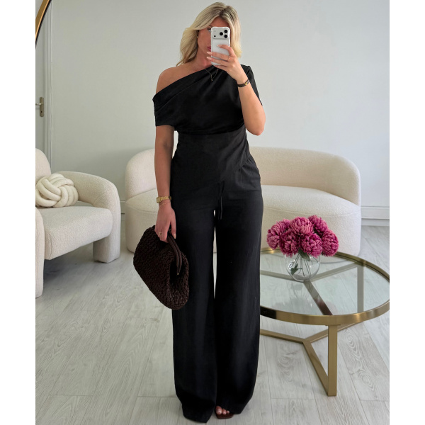 Top lin noir drapé asymétrique - DRESS DESIREE