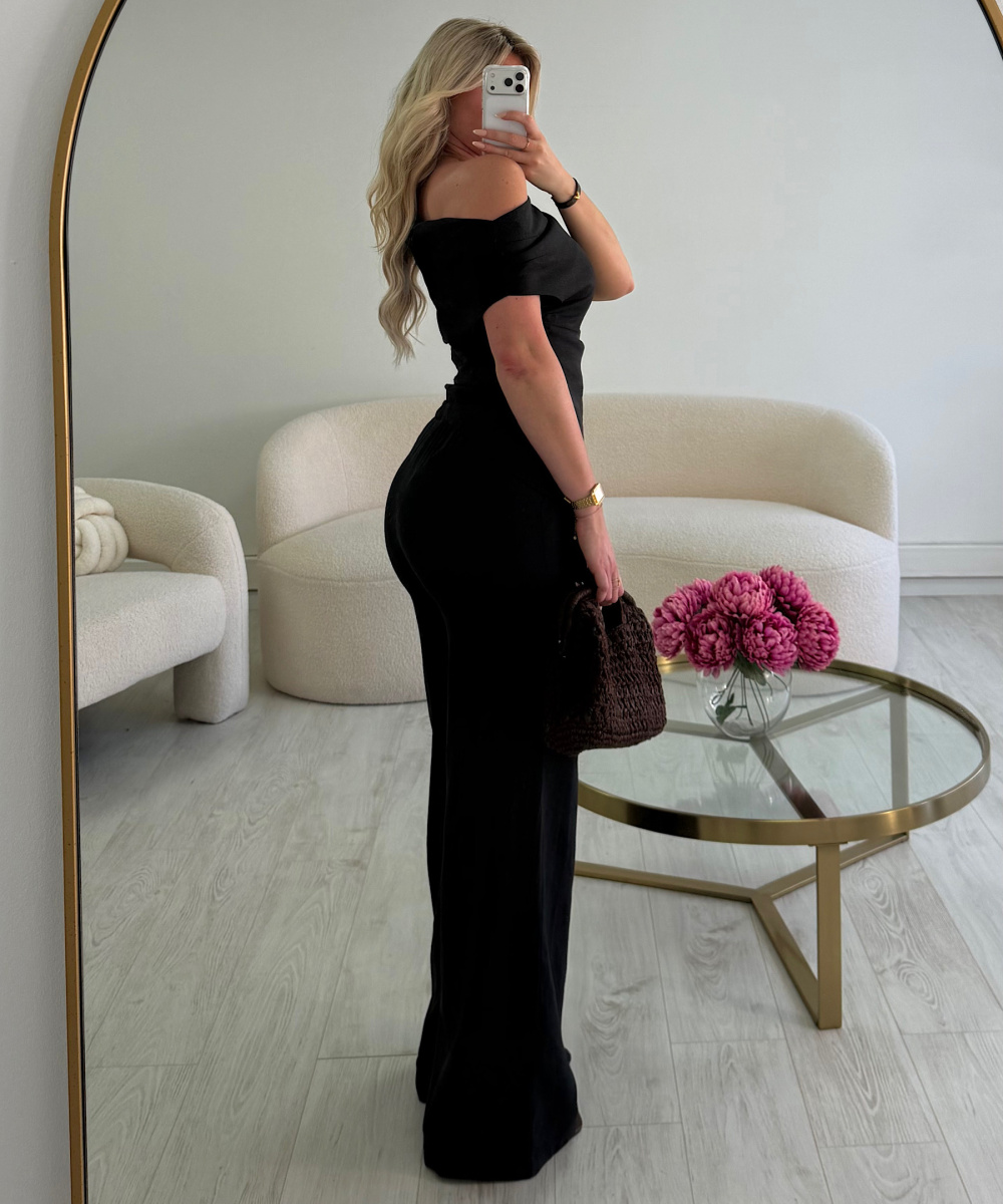 Black linen top with asymmetrical draping
