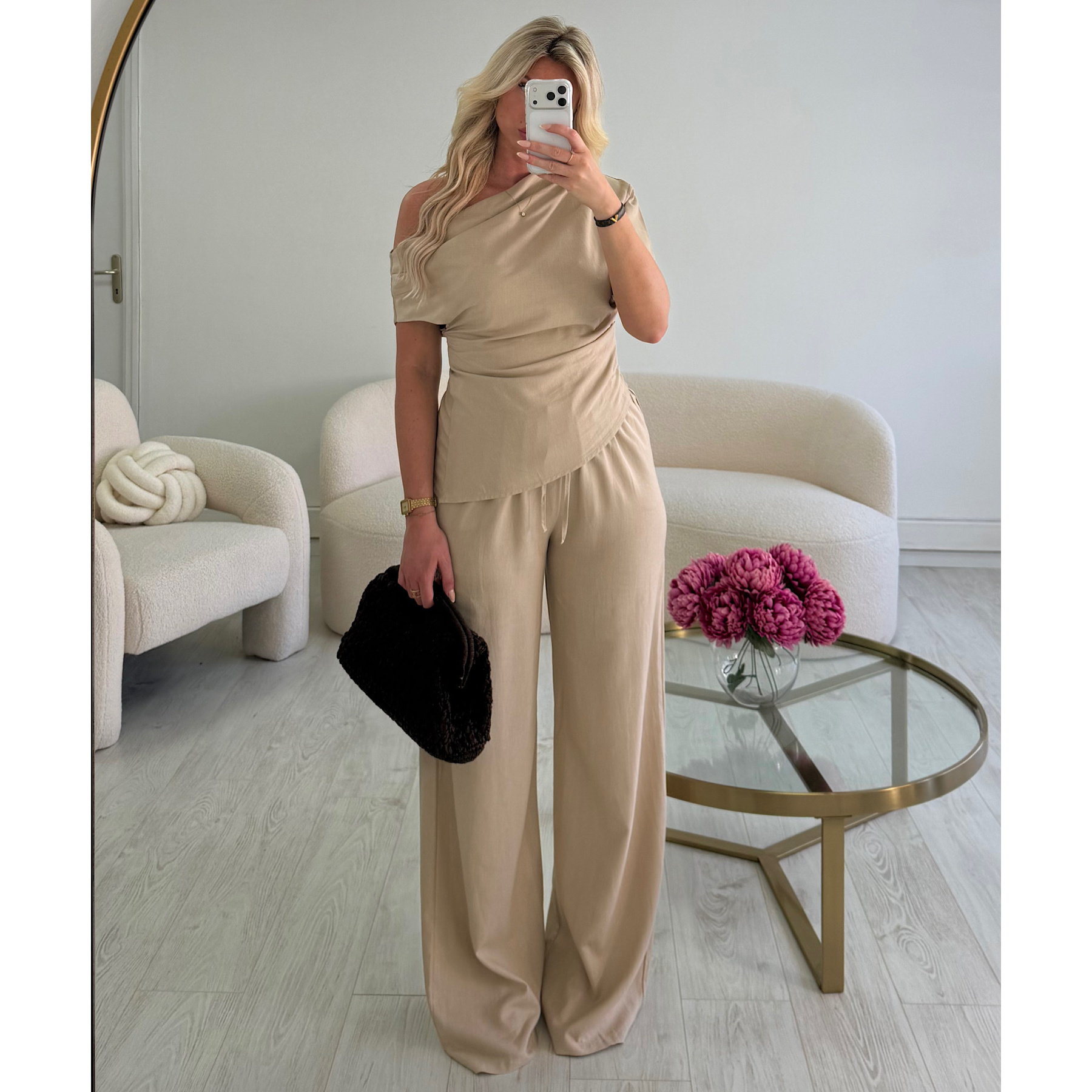 Top lin beige drapé asymétrique - DRESS DESIREE