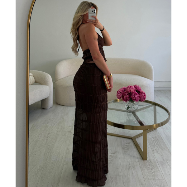 Brown textured long skirt set