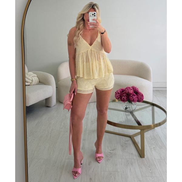 Pastel yellow sequinned shorts set - DRESS DESIREE