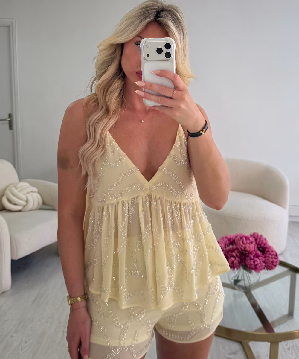 Ensemble short sequins jaune pastel