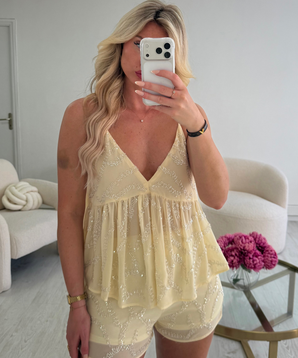 Pastel yellow sequinned shorts set