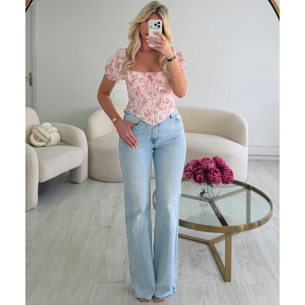 Top corset fleurs rose manches bouffantes - DRESS DESIREE