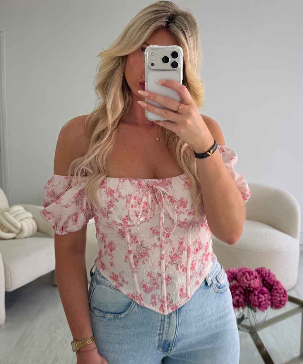 Top corset fleurs rose manches bouffantes - DRESS DESIREE