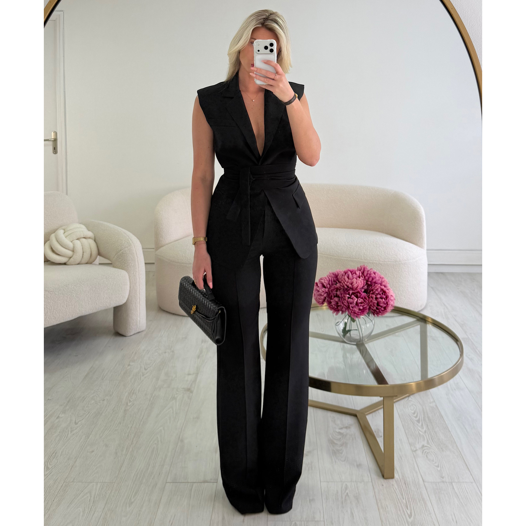 High-waisted heather black  couture pants