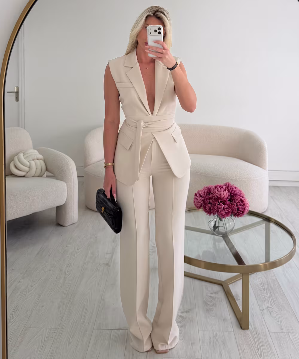 Pantalon couture taille haute crème - DRESS DESIREE