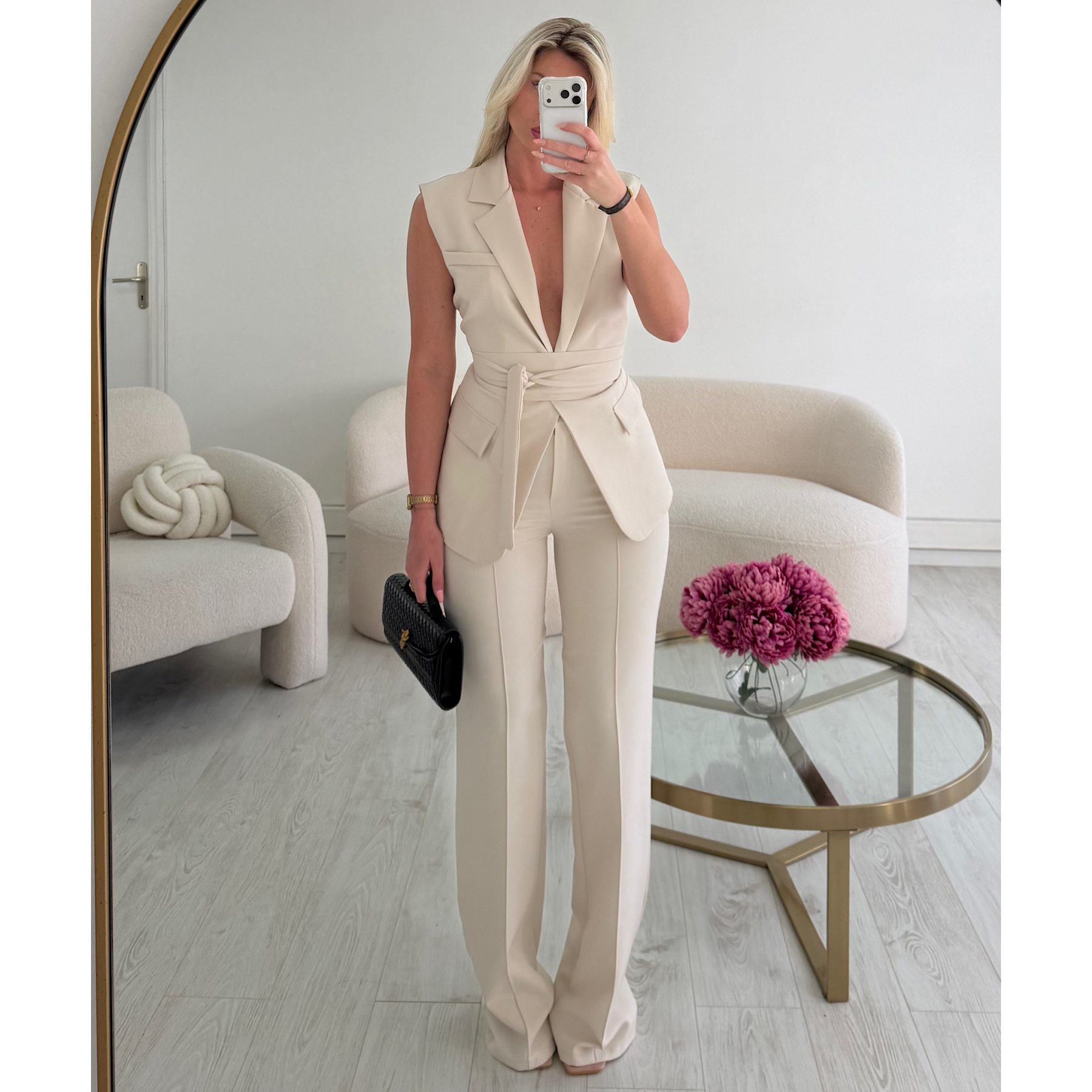 High-waisted heather creamy  couture pants