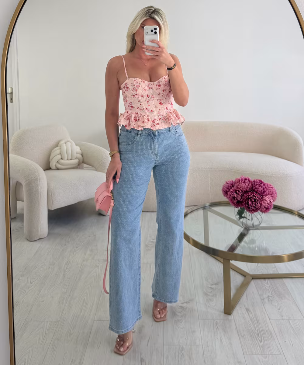 Jeans mom droit bleu texturé