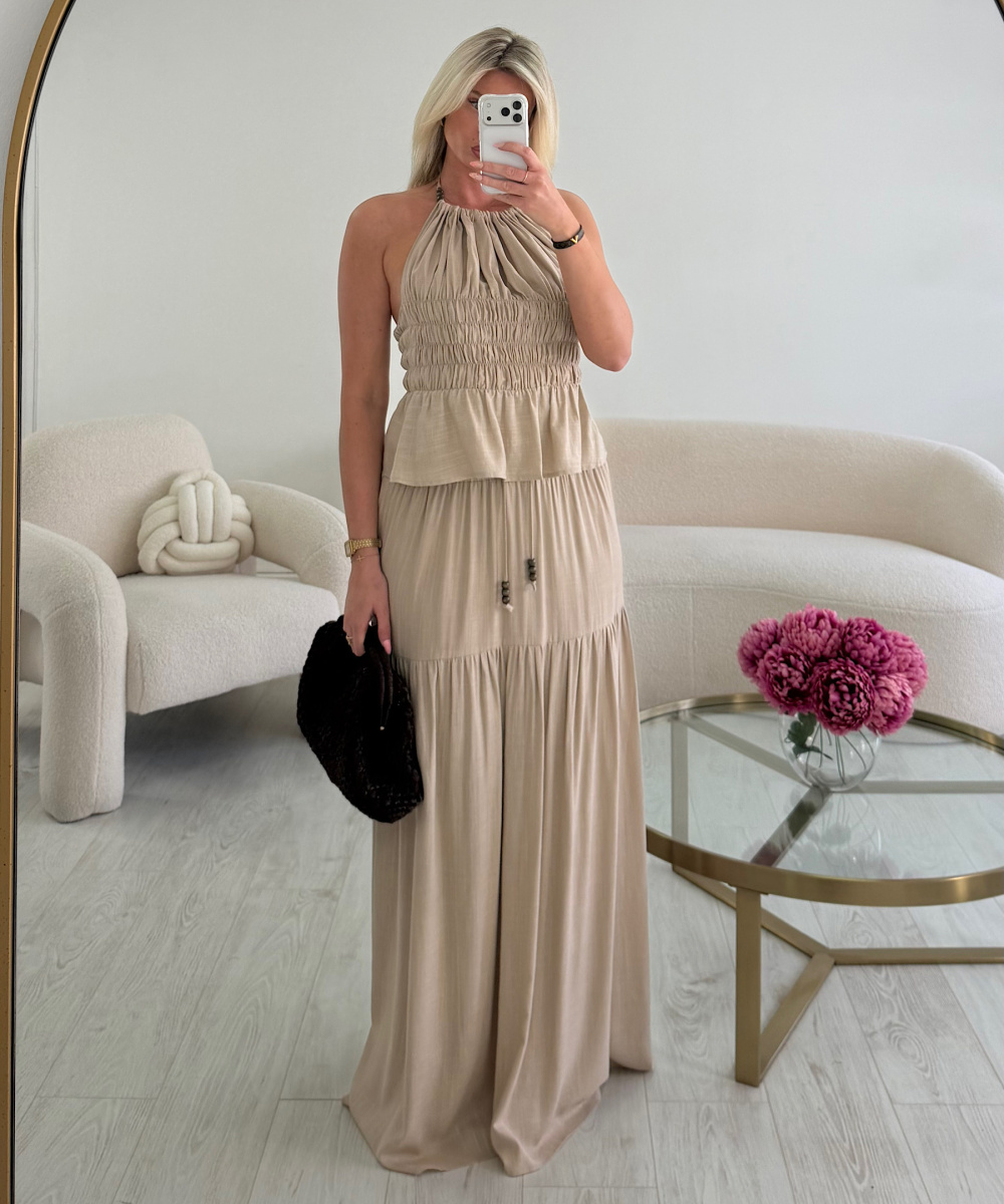 Beige linen skirt set with jewels