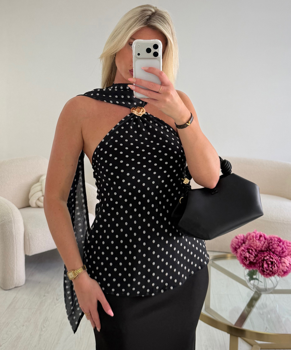 Black shell polka dot crew neck top