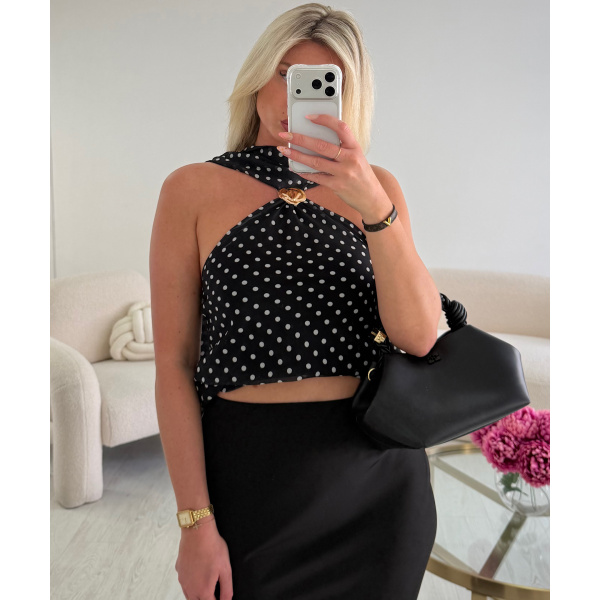 Black shell polka dot crew neck top