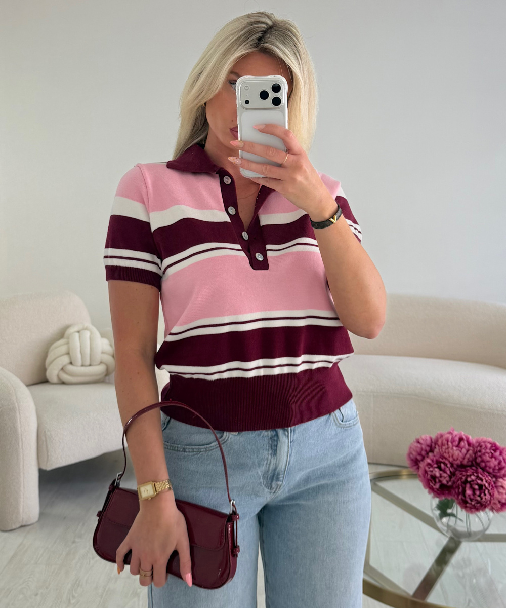 Pink/burgundy striped polo shirt