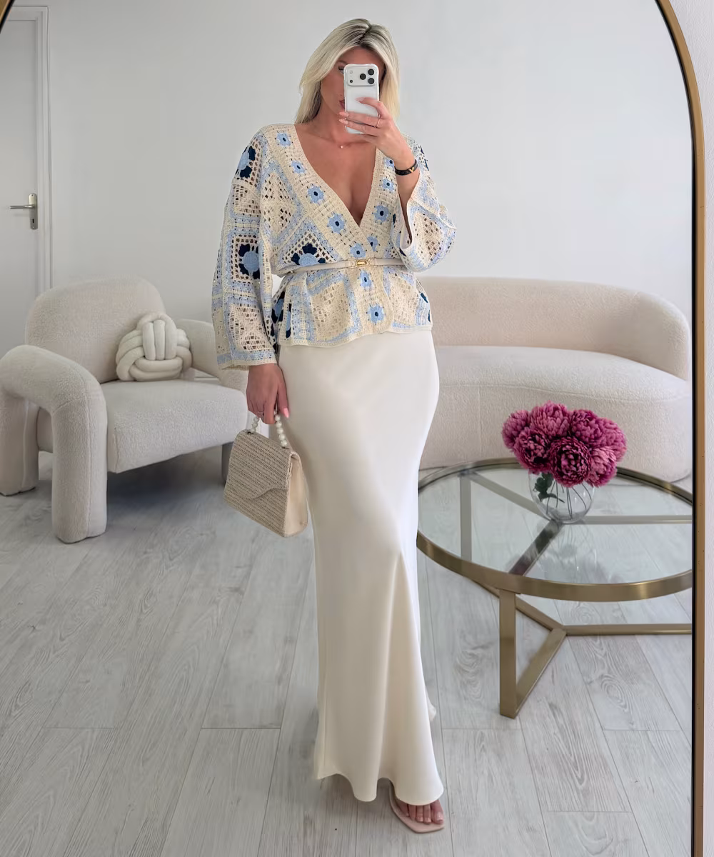 blue/beige crochet cardigan
