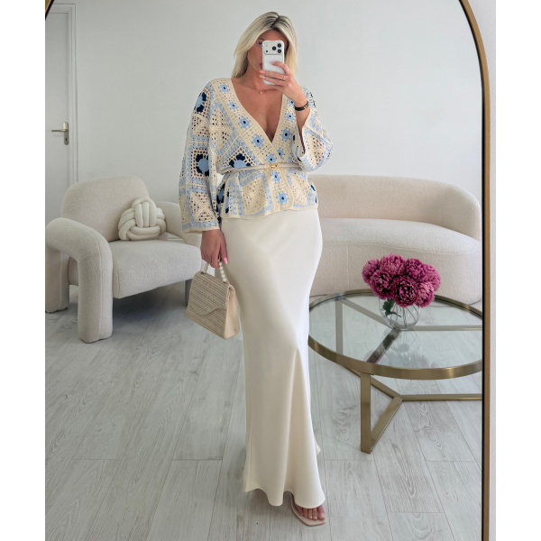 blue/beige crochet cardigan
