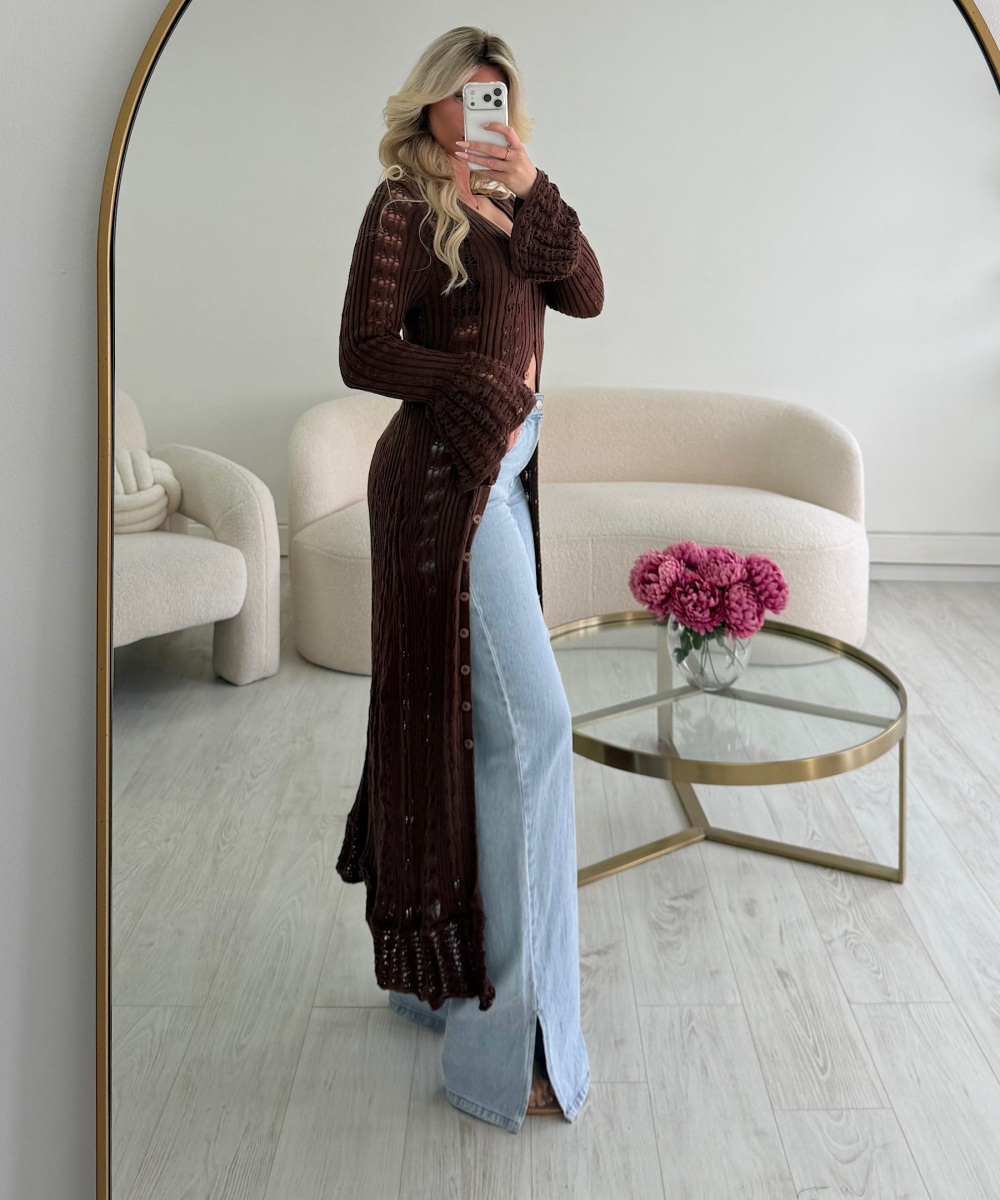 Long brown knitted kimono top