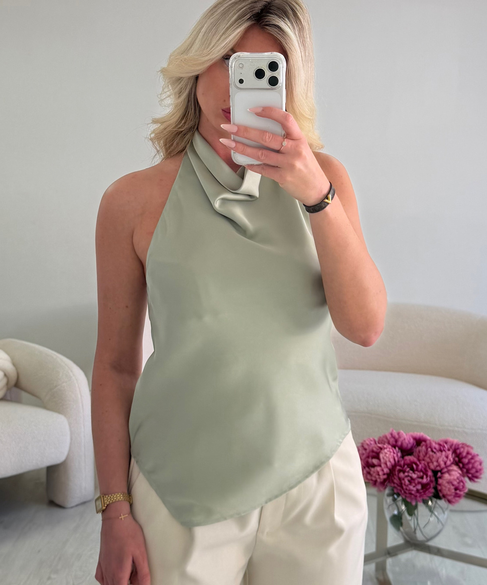 Sage-coloured satin halter neck top