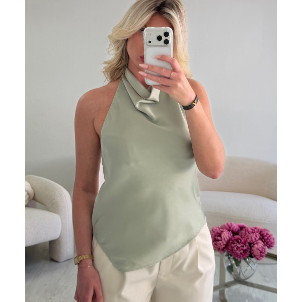 Sage-coloured satin halter neck top - DRESS DESIREE