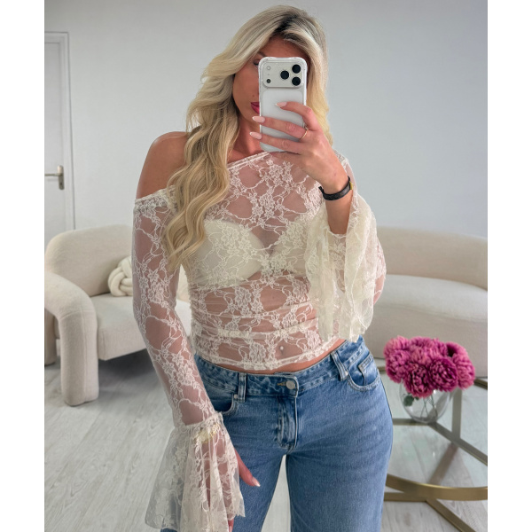 Top dentelle asymétrie manches évasées blanc - DRESS DESIREE