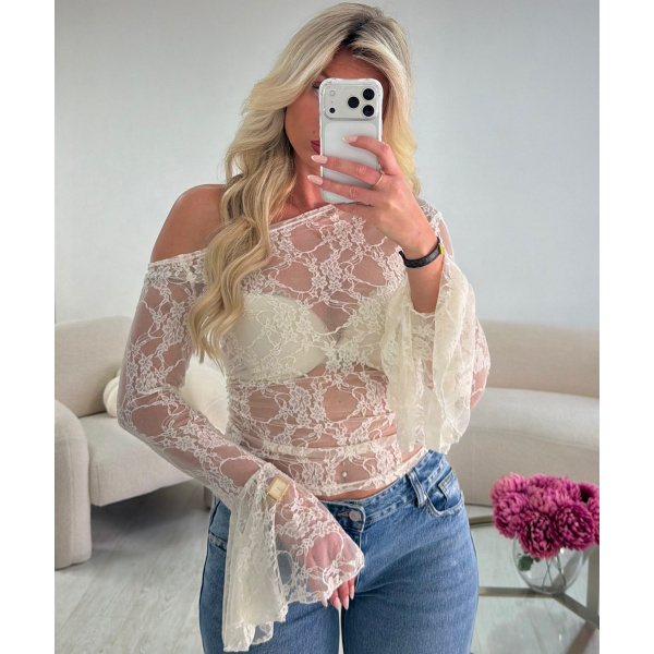 White asymmetrical lace top with flared sleeves - DRESS DESIREE