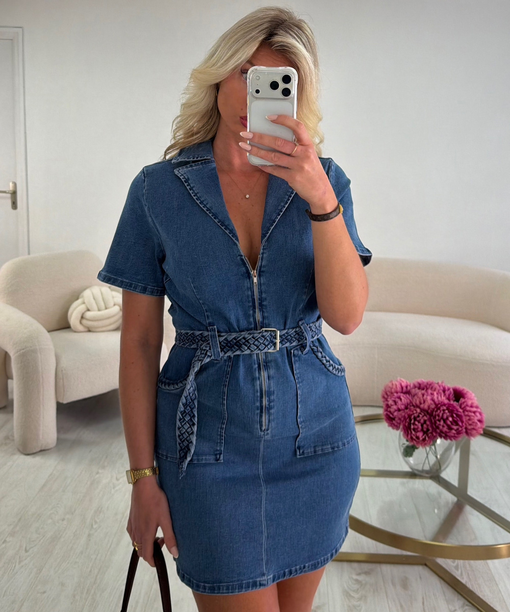 Robe jeans tressée bleu coton