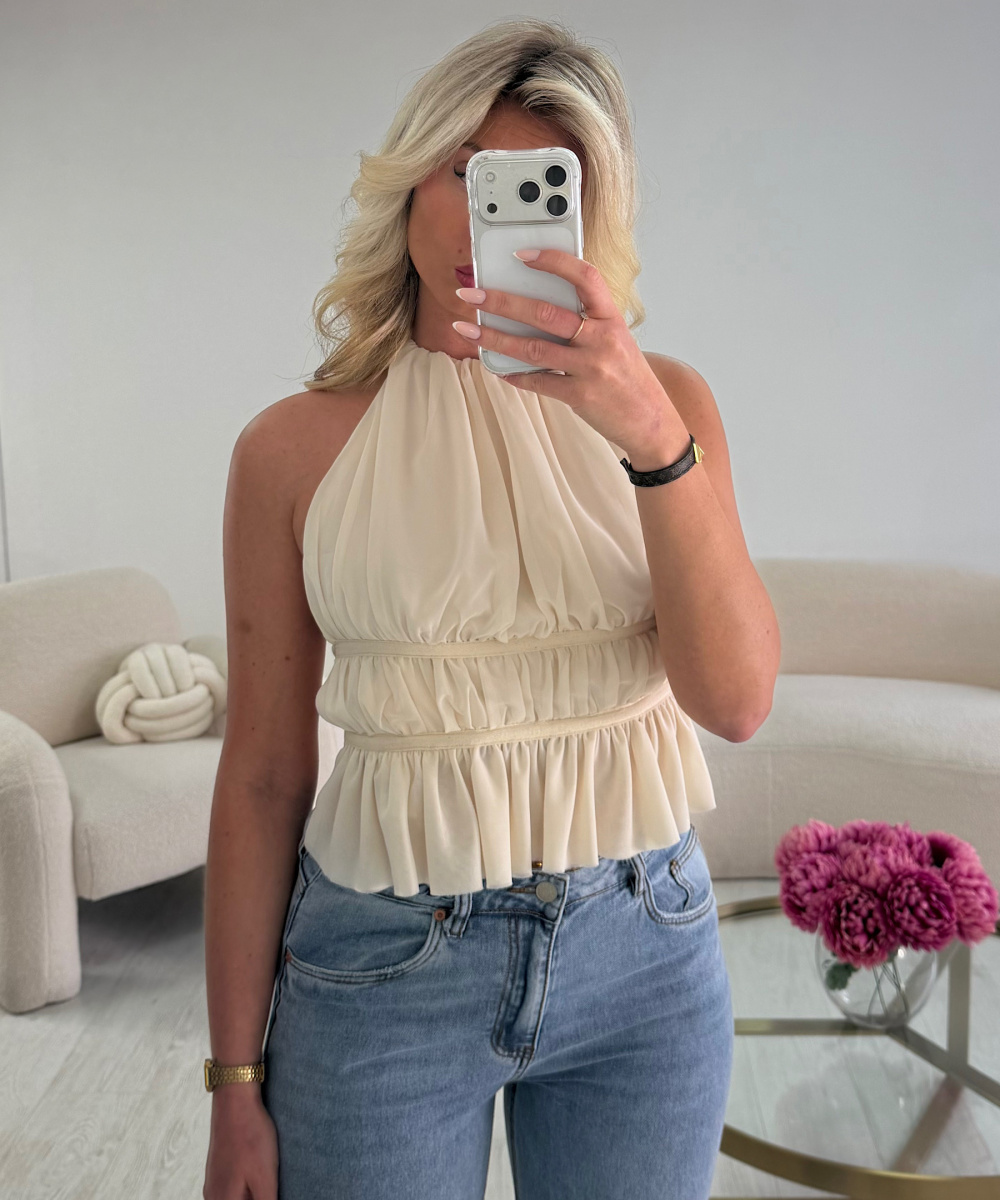 Creamy tulle halter neck top with bows
