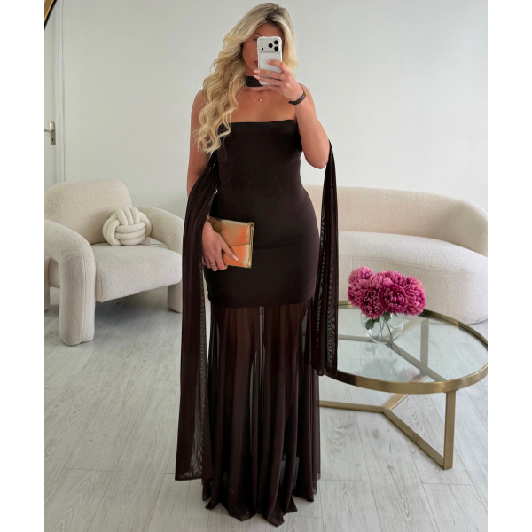 Long brown tulle strapless dress - DRESS DESIREE