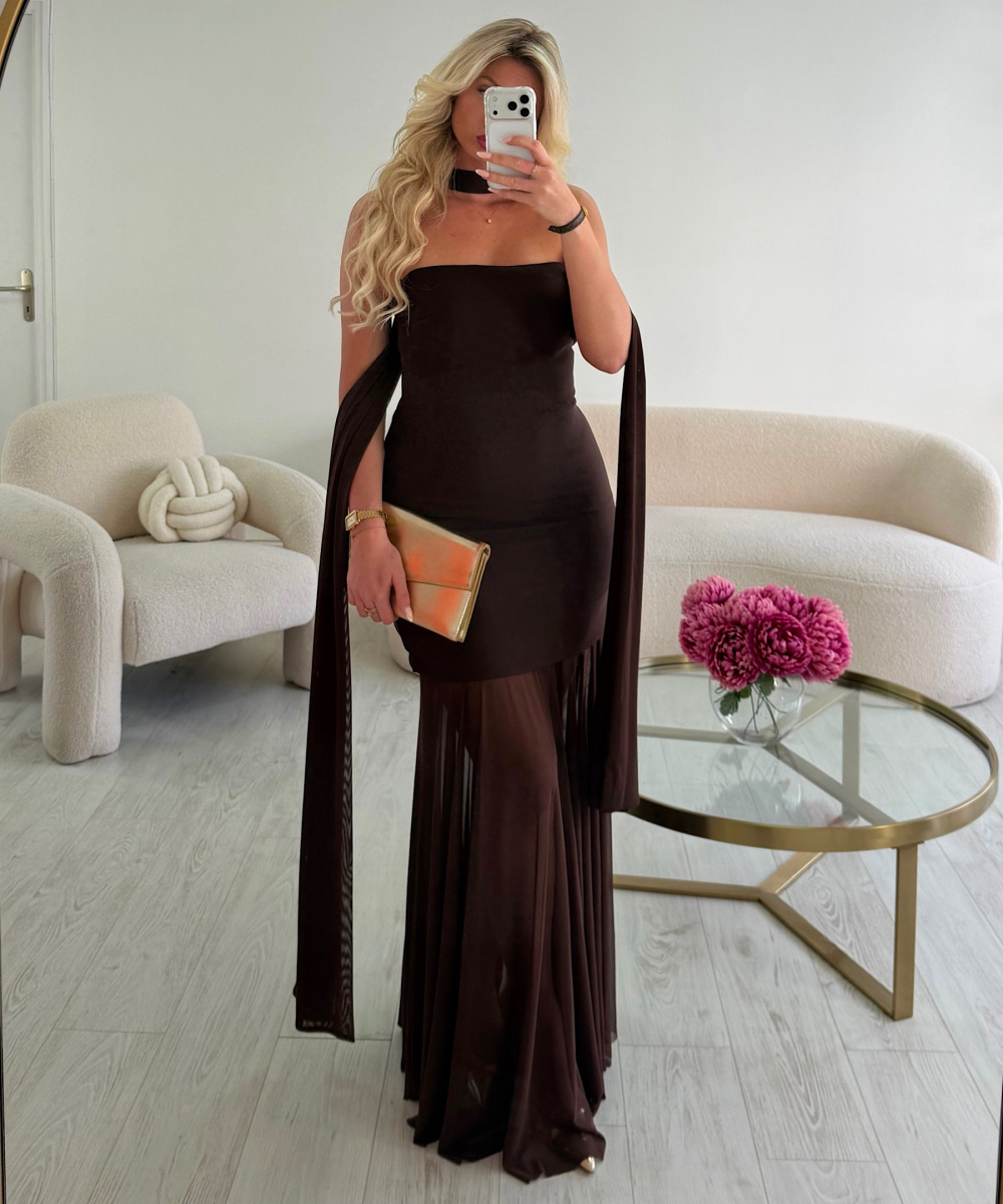 Robe longue col bustier tulle choco - DRESS DESIREE