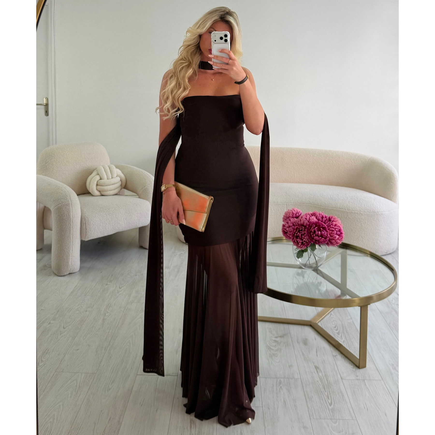 Robe longue col bustier tulle choco - DRESS DESIREE