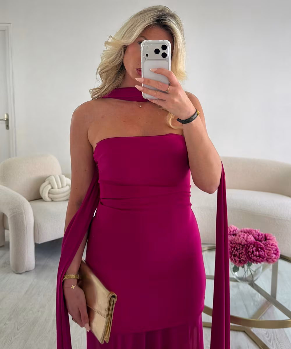 Long fuchsia tulle strapless dress