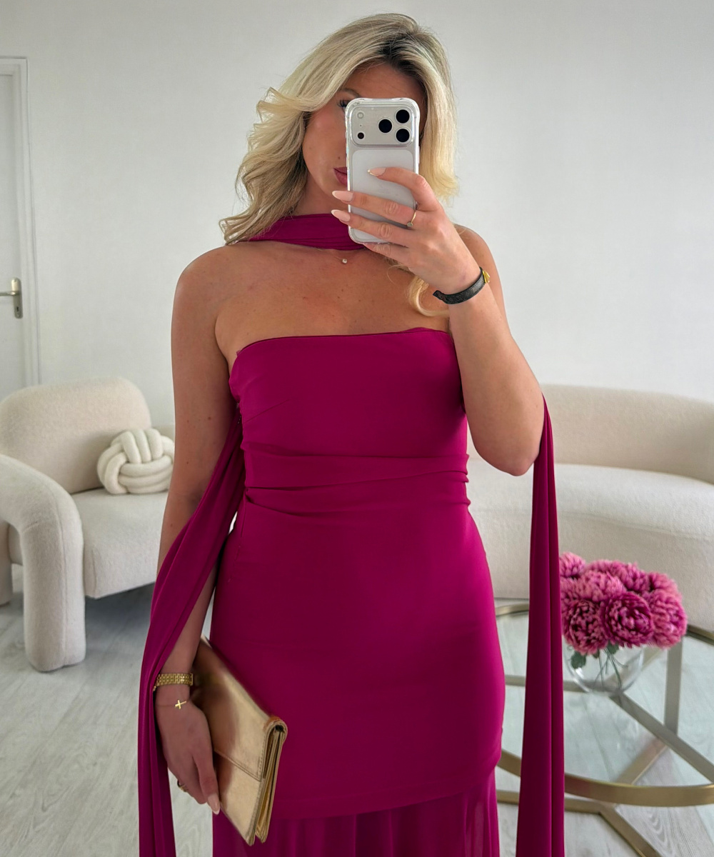 Robe longue col bustier tulle fuchsia