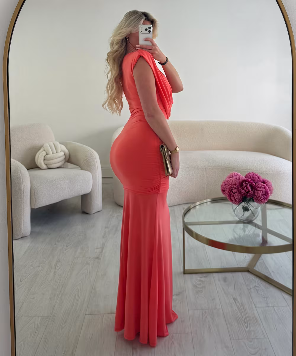 Coral draped maxi dress